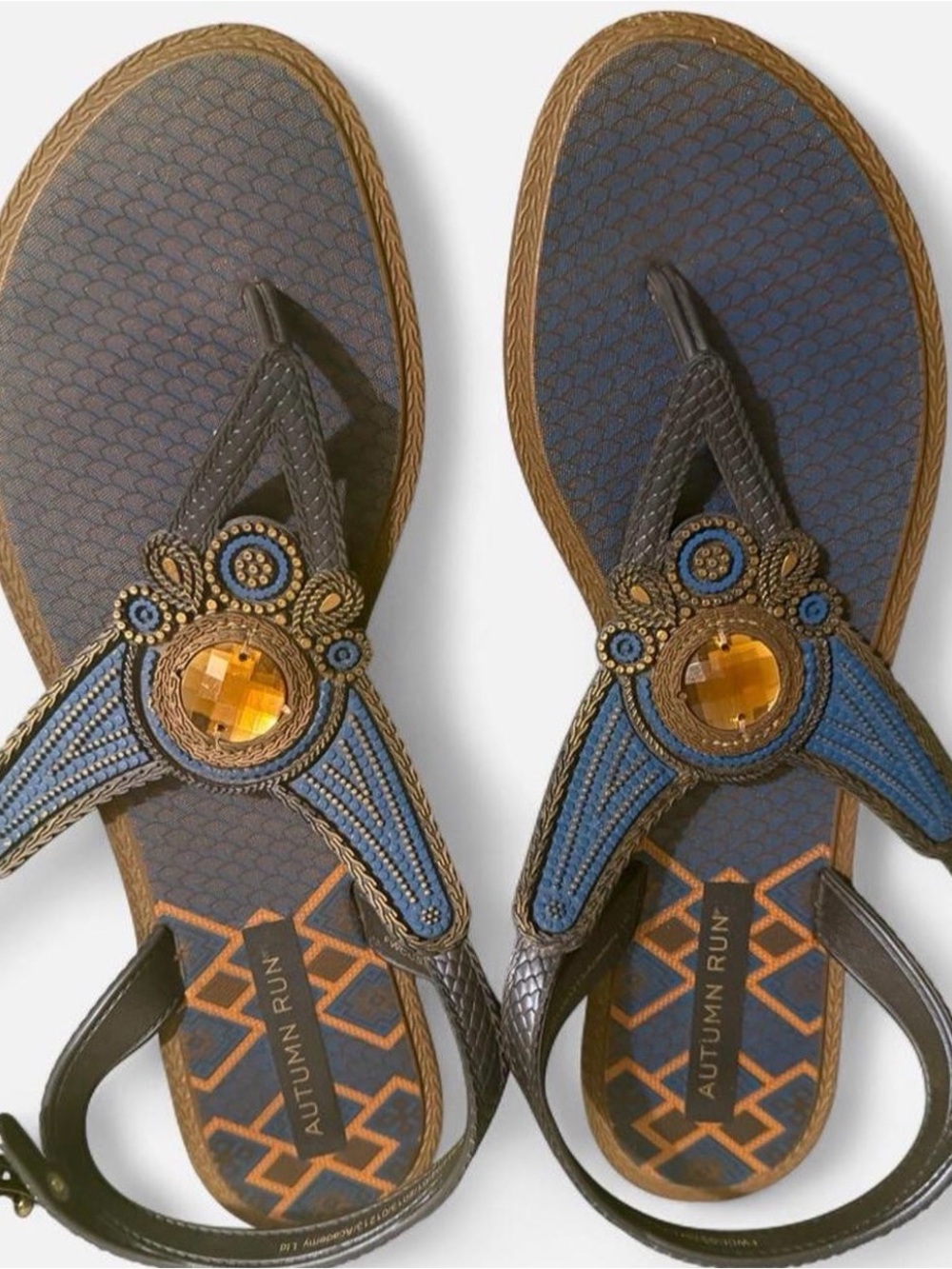 Women's Blue Jeweled T-Strap Sandals